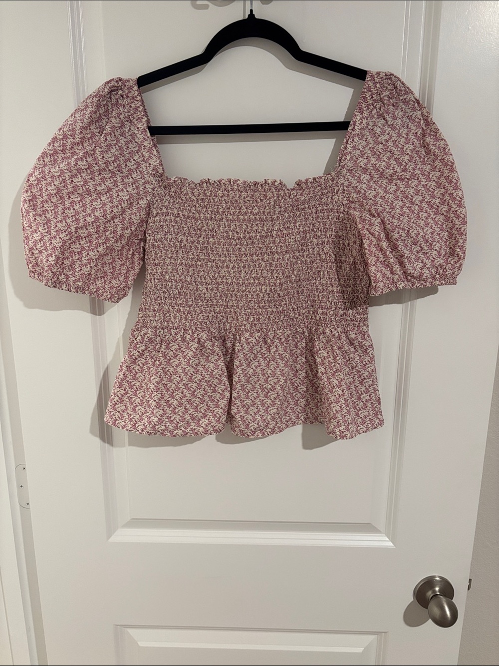 Smocked Puff Sleeve Peplum Blouse - Pink Floral